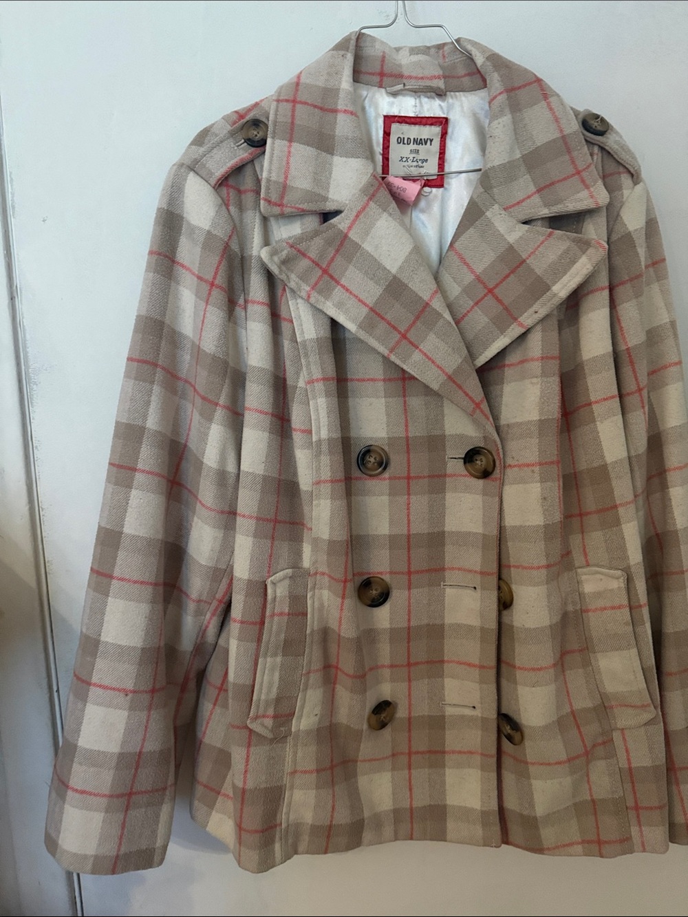 Old Navy Beige Plaid Peacoat with Pink Windowpane